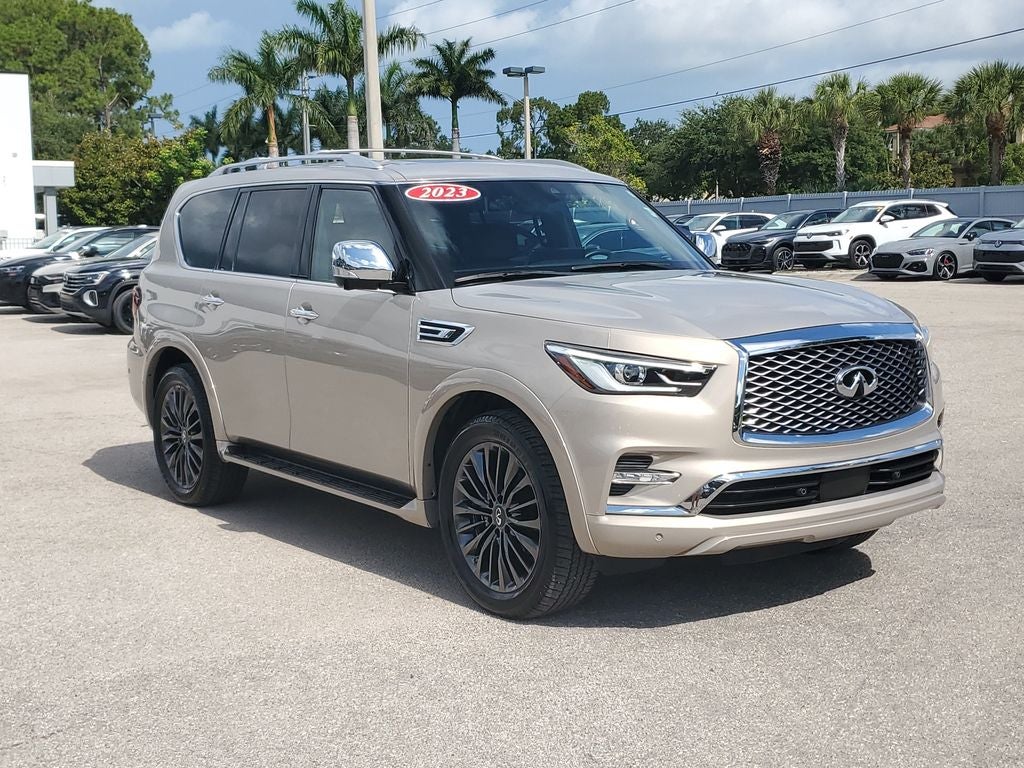 2023 INFINITI QX80 Sensory in Champagne Quartz — front three-quarter view
