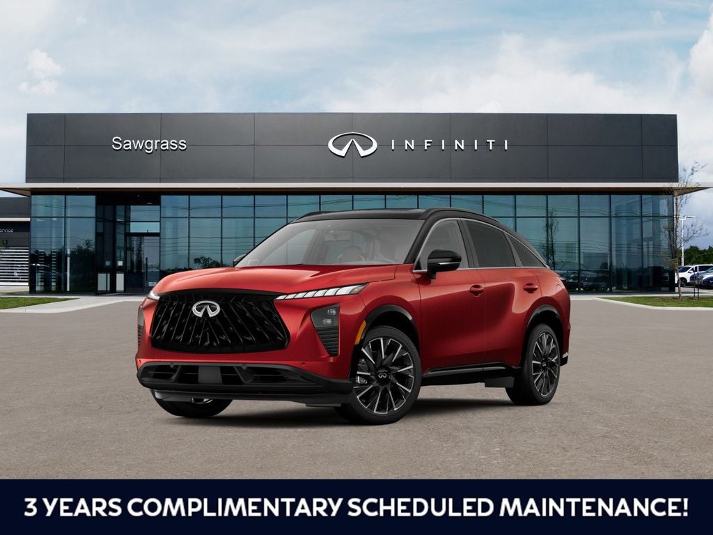 2027 INFINITI QX65 AUTOGRAPH in Sunfire Red — front three-quarter view