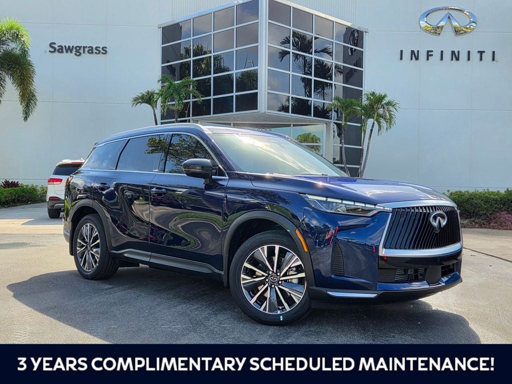 2027 INFINITI QX60 LUXE in Blue — front three-quarter view