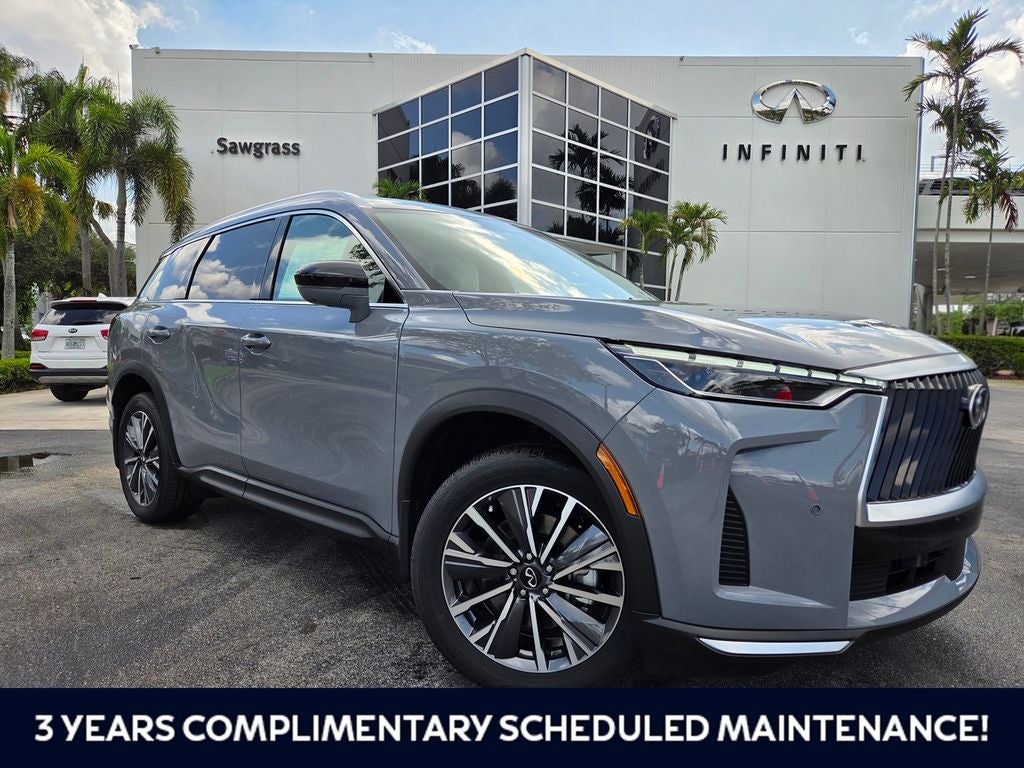 2027 INFINITI QX60 LUXE in Harbor Gray — front three-quarter view