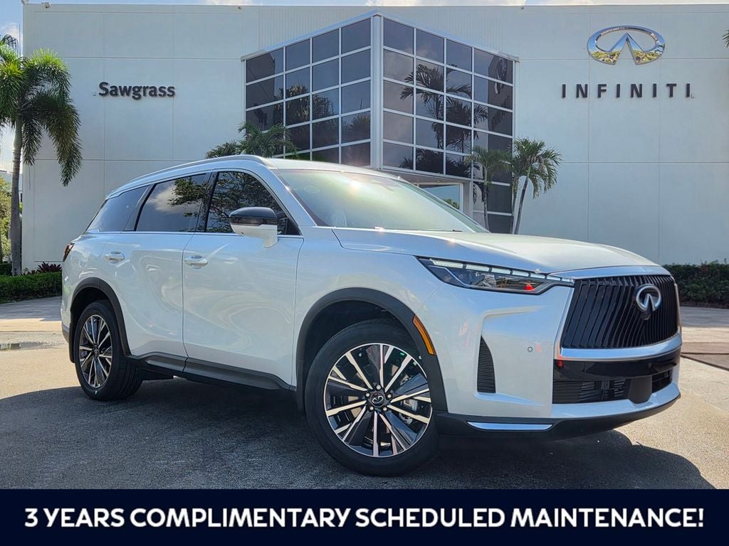 2027 INFINITI QX60 LUXE in White — front three-quarter view