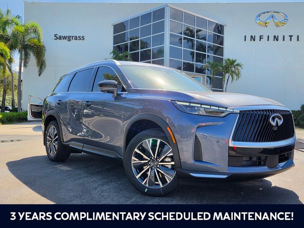 2027 INFINITI QX60 LUXE in Blue — front three-quarter view
