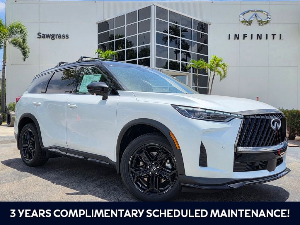 2027 INFINITI QX60 SPORT in White / Black — front three-quarter view