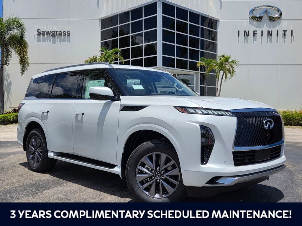 2026 INFINITI QX80 PURE in White — front three-quarter view