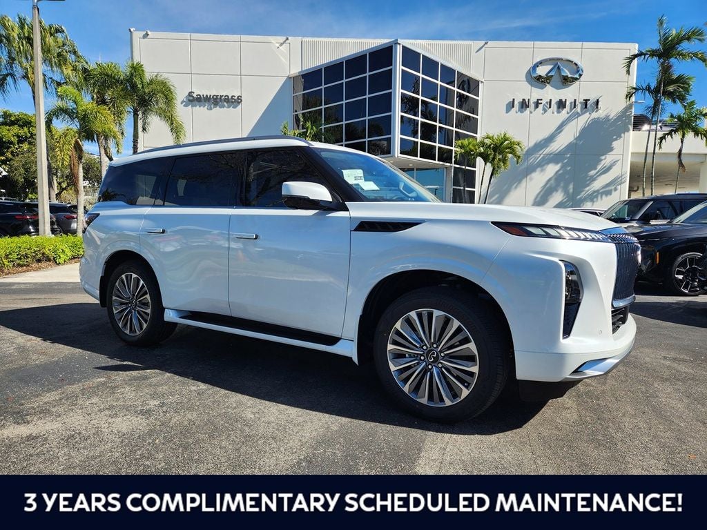 2026 INFINITI QX80 LUXE in White — front three-quarter view