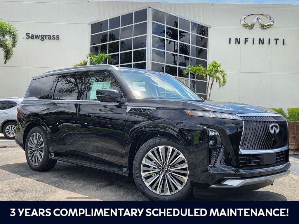2027 INFINITI QX80 LUXE in Obsidian — front three-quarter view