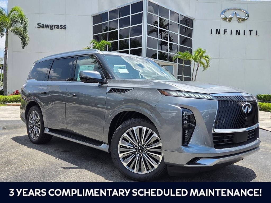 2027 INFINITI QX80 LUXE in Dynamic Metal — front three-quarter view