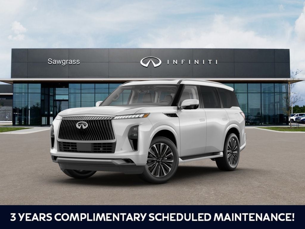 2027 INFINITI QX80 LUXE in White — front three-quarter view