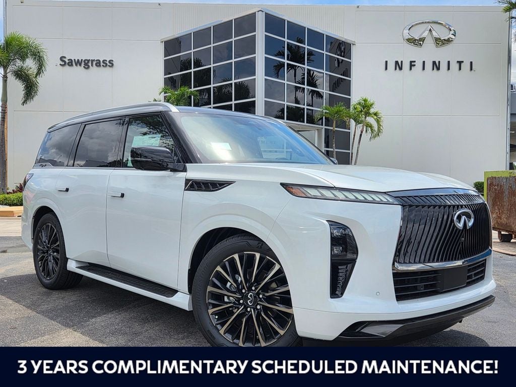 2027 INFINITI QX80 AUTOGRAPH in White — front three-quarter view